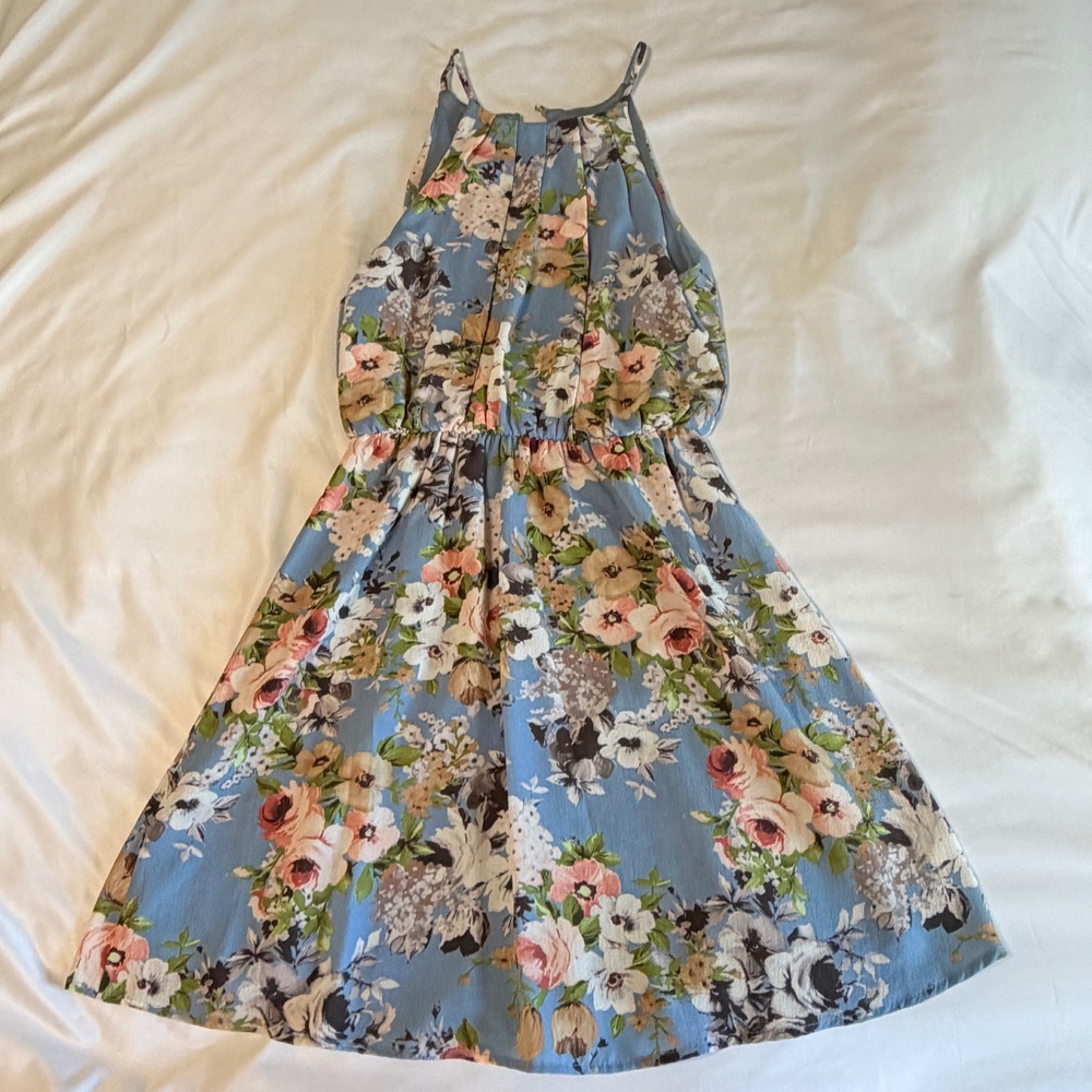 Blue Rain Floral Halter Mini Dress Blue Sleeveless Elastic Waist Size S